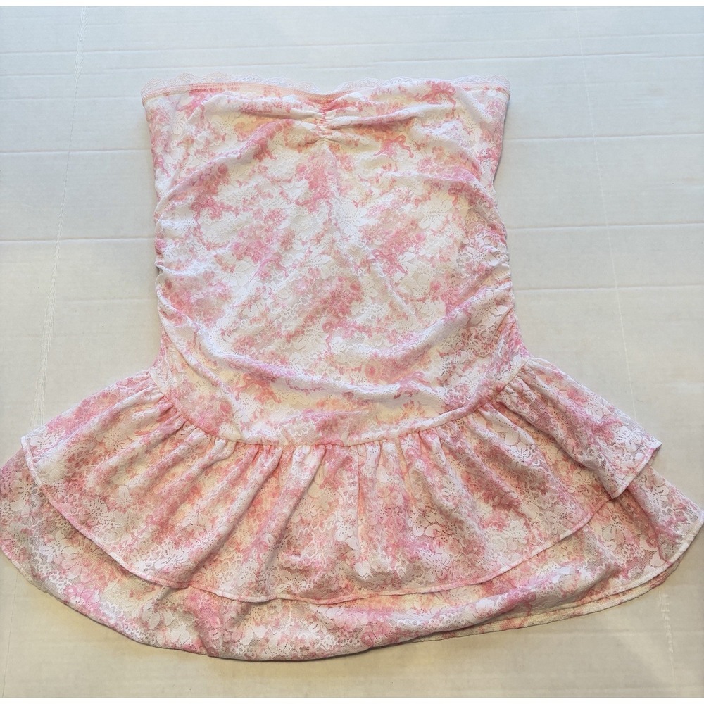 Victoria's Secret PINK Strapless One Piece Floral Pink/White Lace Ruffle XL
